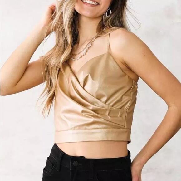 A Peach Tops - A peach buckle metallic gold faux leather crop top size medium